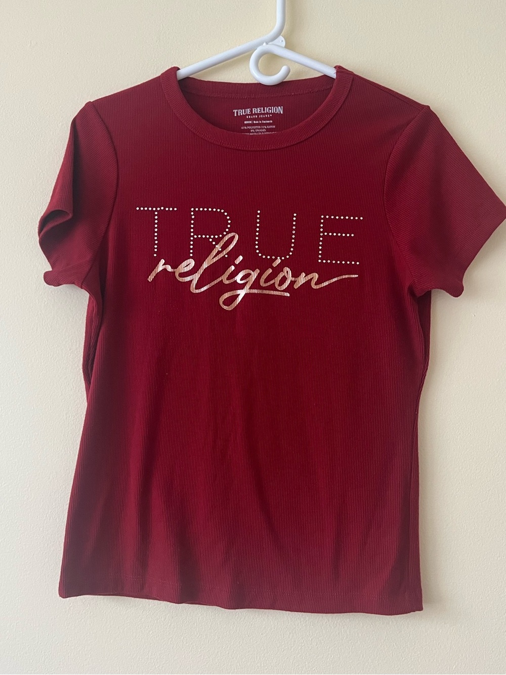 True Religion Bling Rhinestones Ribbed Tee Women’s Medium Red